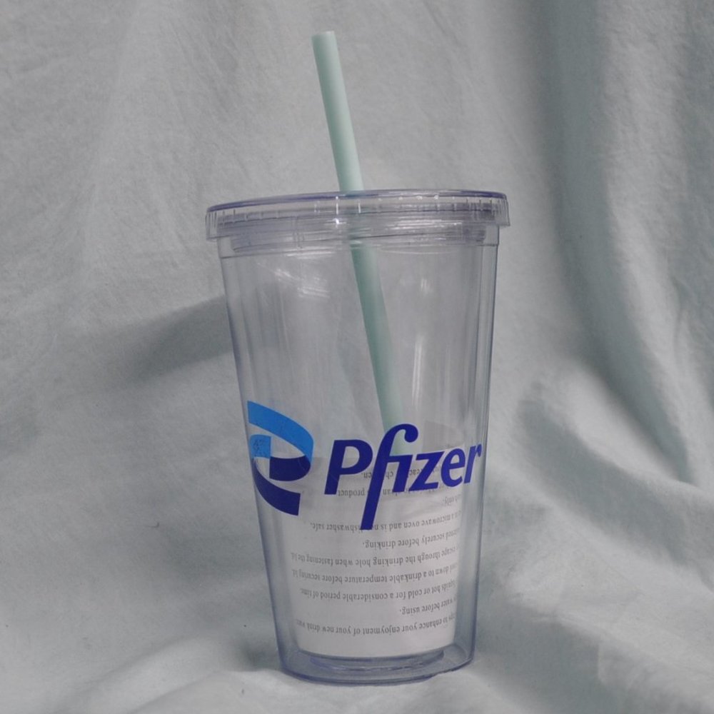 16 oz Pfizer pharmacutical tumbler water bottle w/lid new UNUSED (113w)